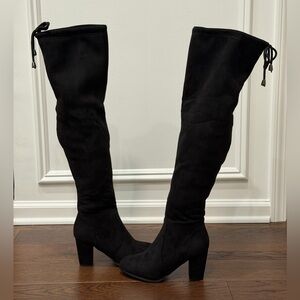 Women’s Black Thigh High Over The Knee Block Mid Heel Faux Fur Boots